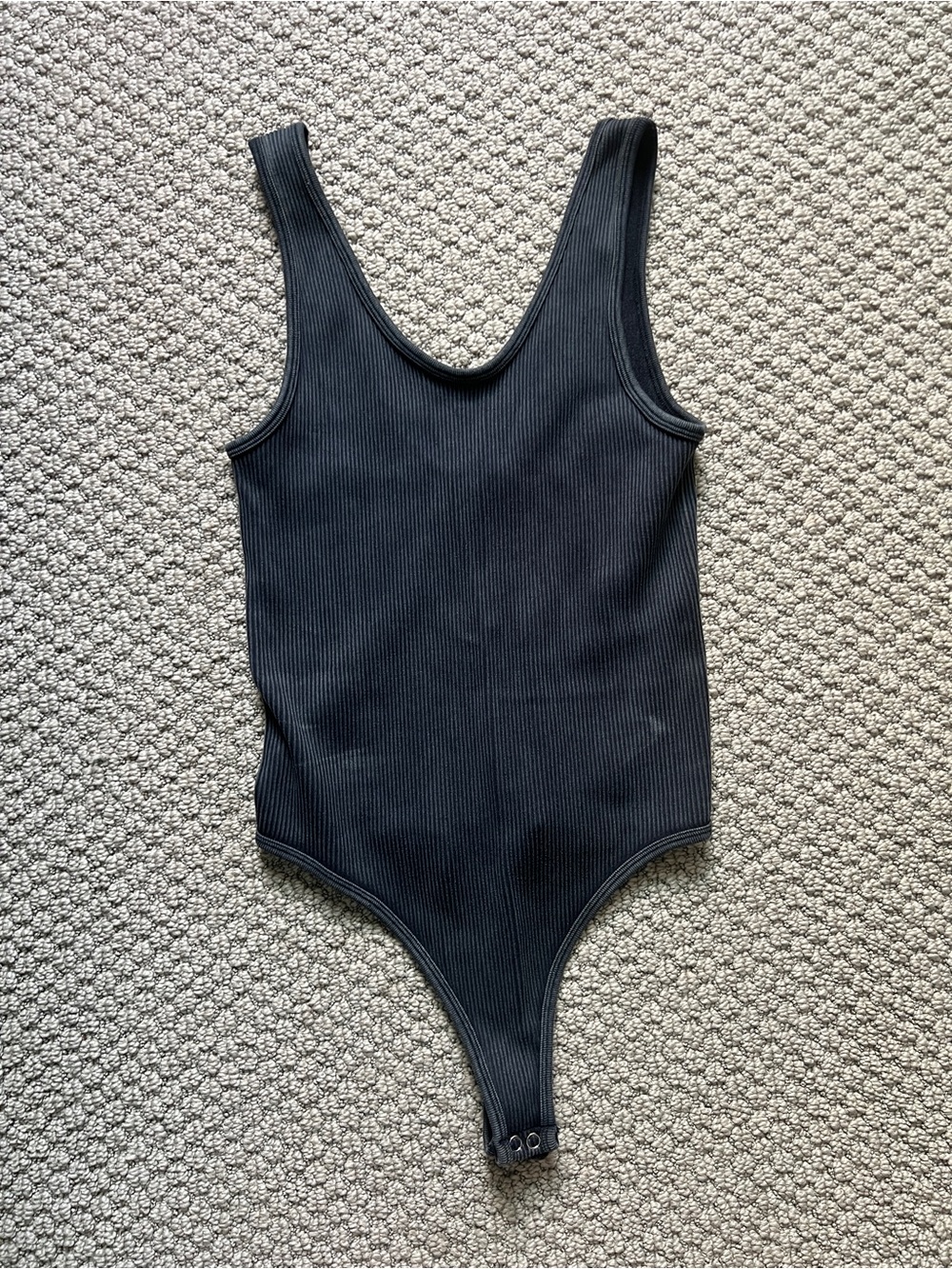 Ribbed Dark Charcoal/Black One-Piece Thong Bodysuit, size S/M with snap bottom